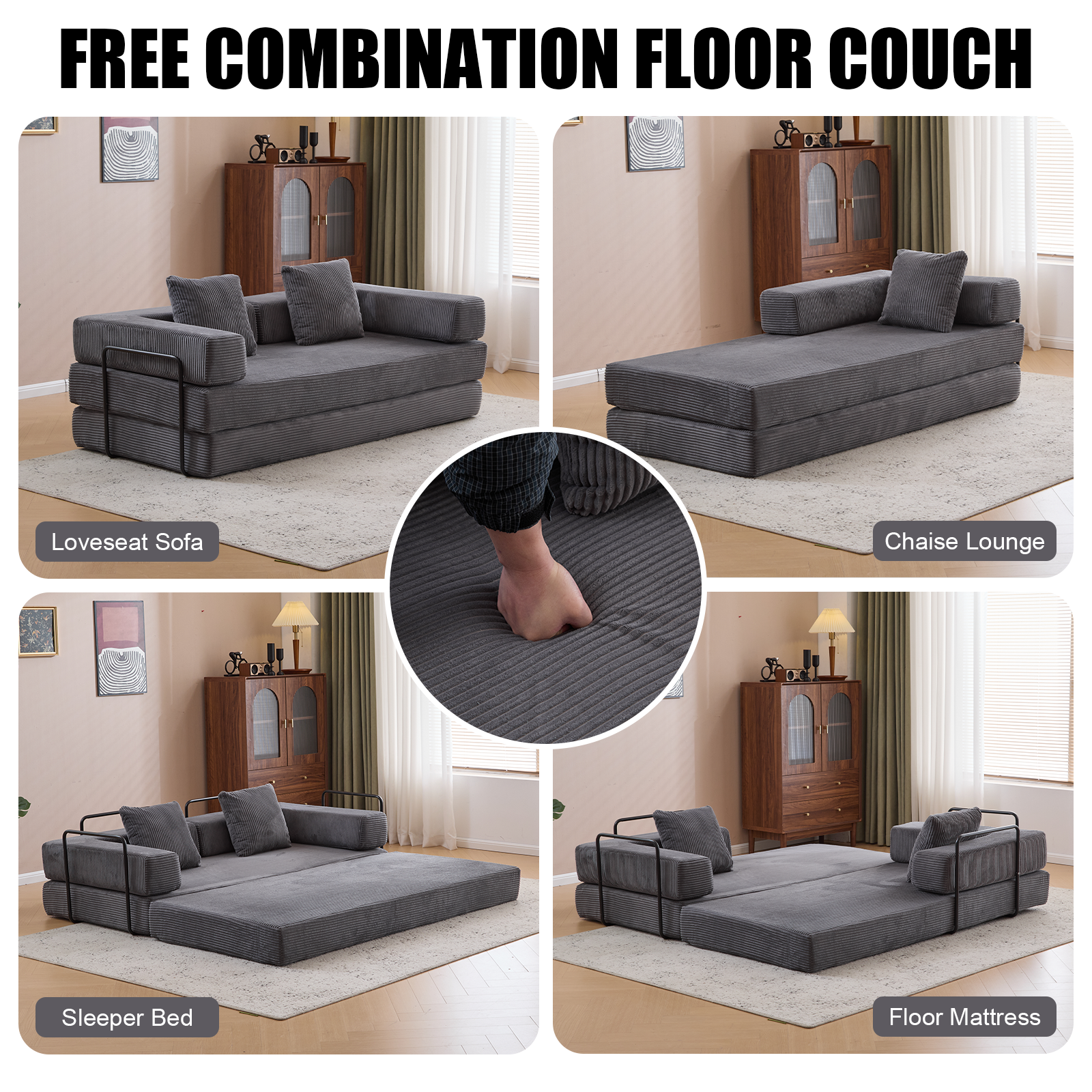 Floor Couch,Compression Sofa,Convertible Floor Sofa Bed-with Pillow Back Support Armrest,Comfy Futon Couch Lounge Sleeper Bed,Corduroy Fabric,for Living Room Bedroom (dark grey)