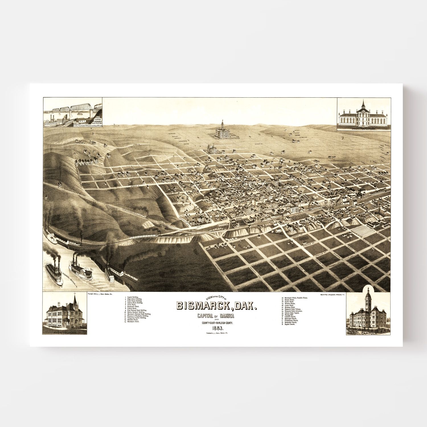 Vintage Map of Bismarck, North Dakota 1883