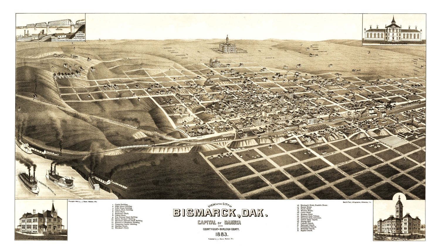 Vintage Map of Bismarck, North Dakota 1883