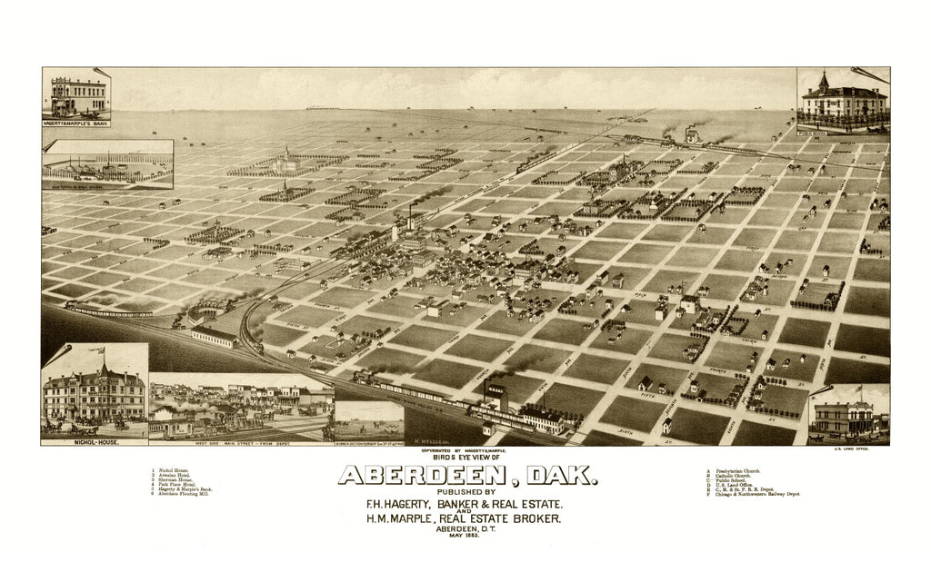 Vintage Map of Aberdeen, South Dakota 1883