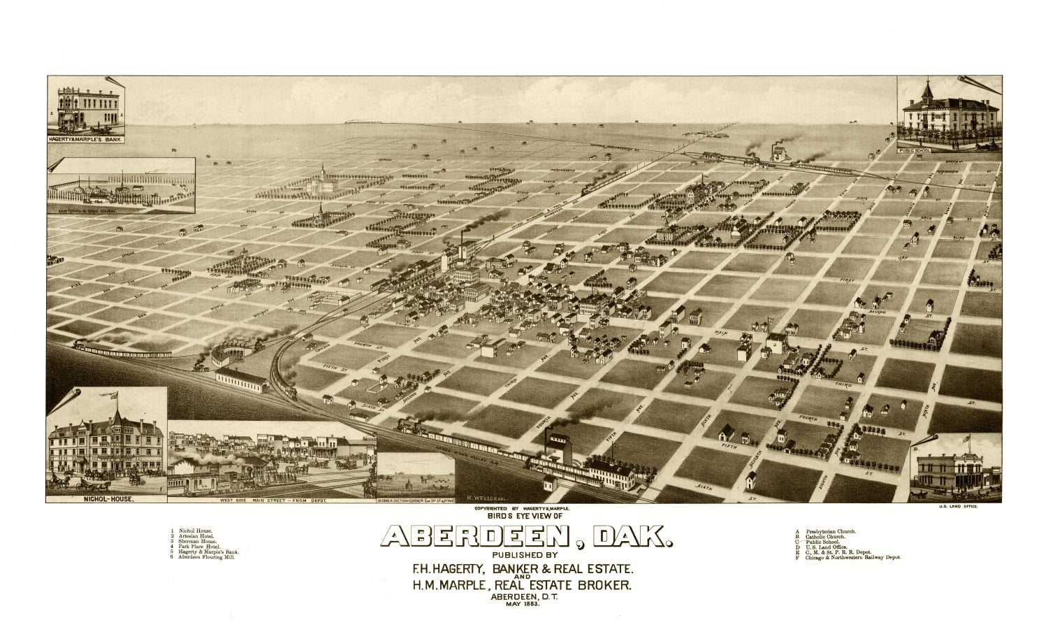 Vintage Map of Aberdeen, South Dakota 1883