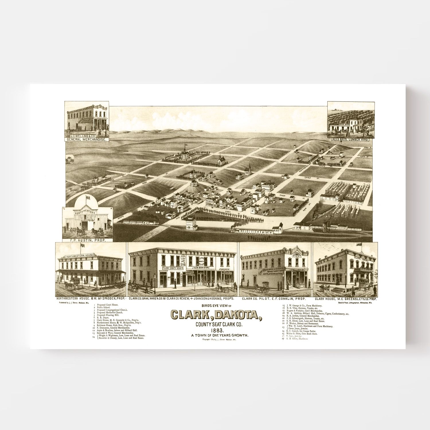 Vintage Map of Clark, South Dakota 1883