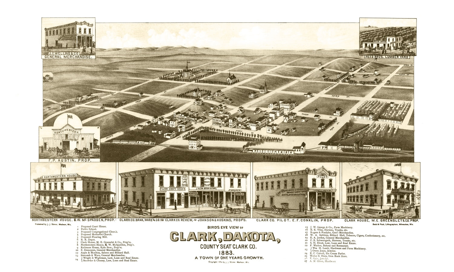 Vintage Map of Clark, South Dakota 1883