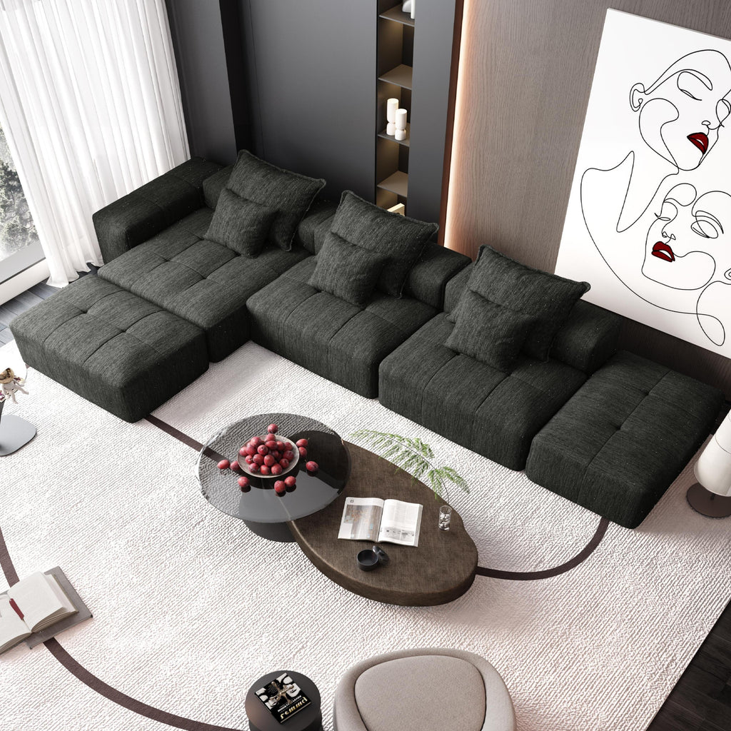 Modern Oversized Modular Sectional Sofa, Sparkling Chenille Fabric Soft Cushion Sofa with 6 Pillows, 6 PCS DIY Combination Tufted Sofa, No Assembly Required, BLACK