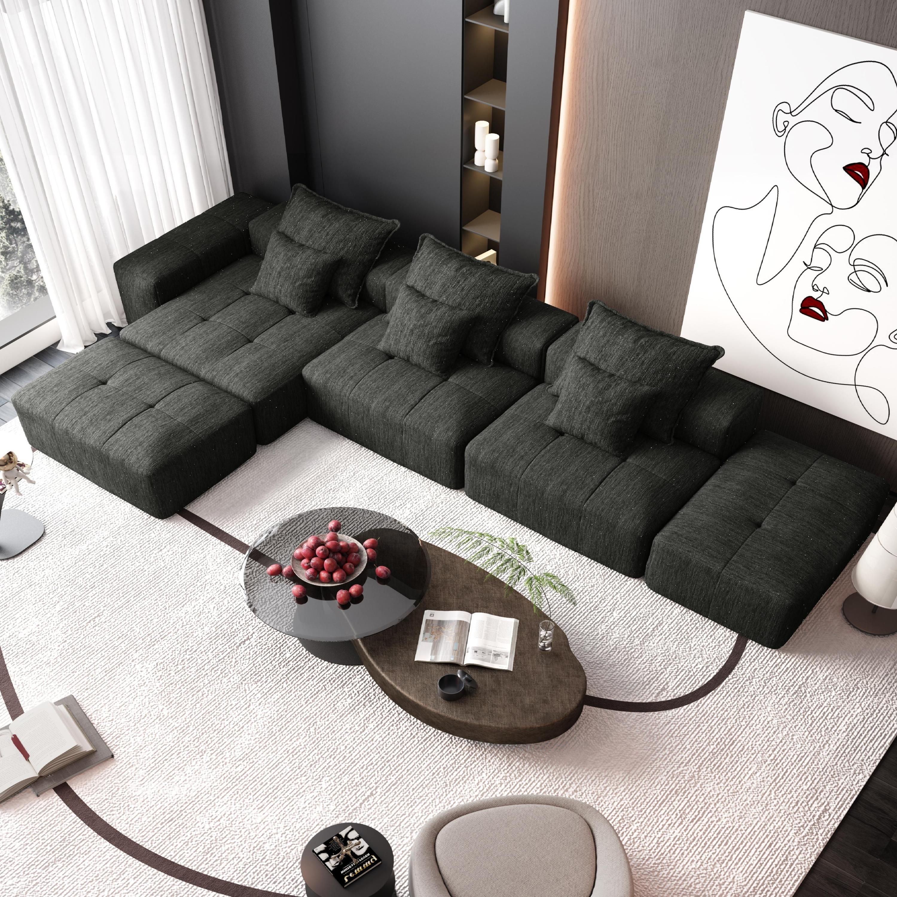 Modern Oversized Modular Sectional Sofa, Sparkling Chenille Fabric Soft Cushion Sofa with 6 Pillows, 6 PCS DIY Combination Tufted Sofa, No Assembly Required, BLACK