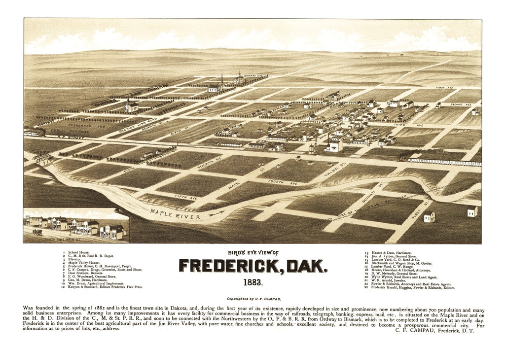 Vintage Map of Frederick, South Dakota 1883