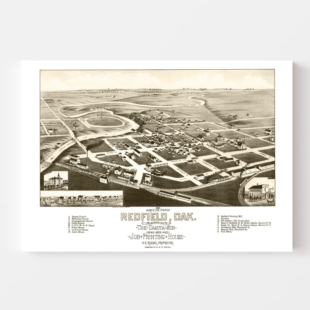 Vintage Map of Redfield, South Dakota 1883
