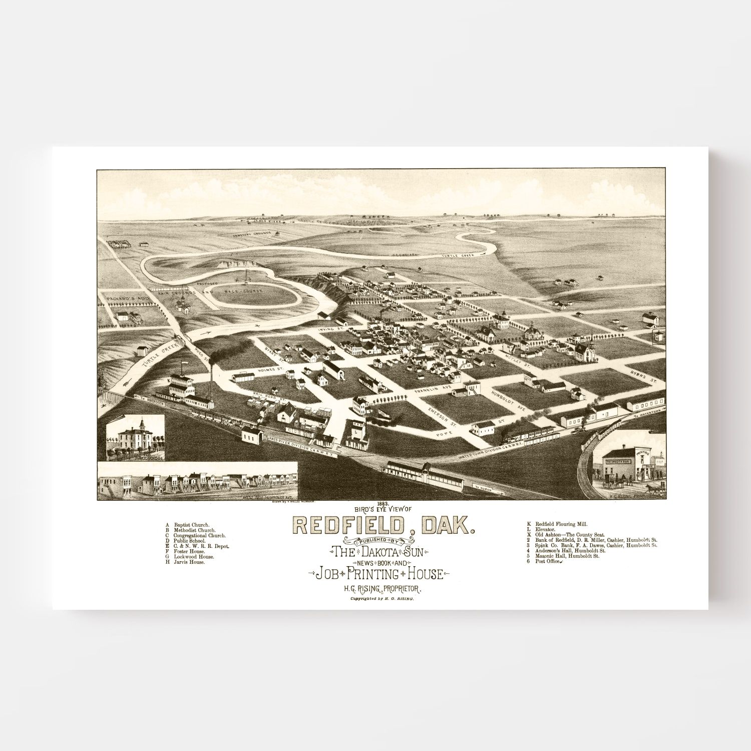 Vintage Map of Redfield, South Dakota 1883