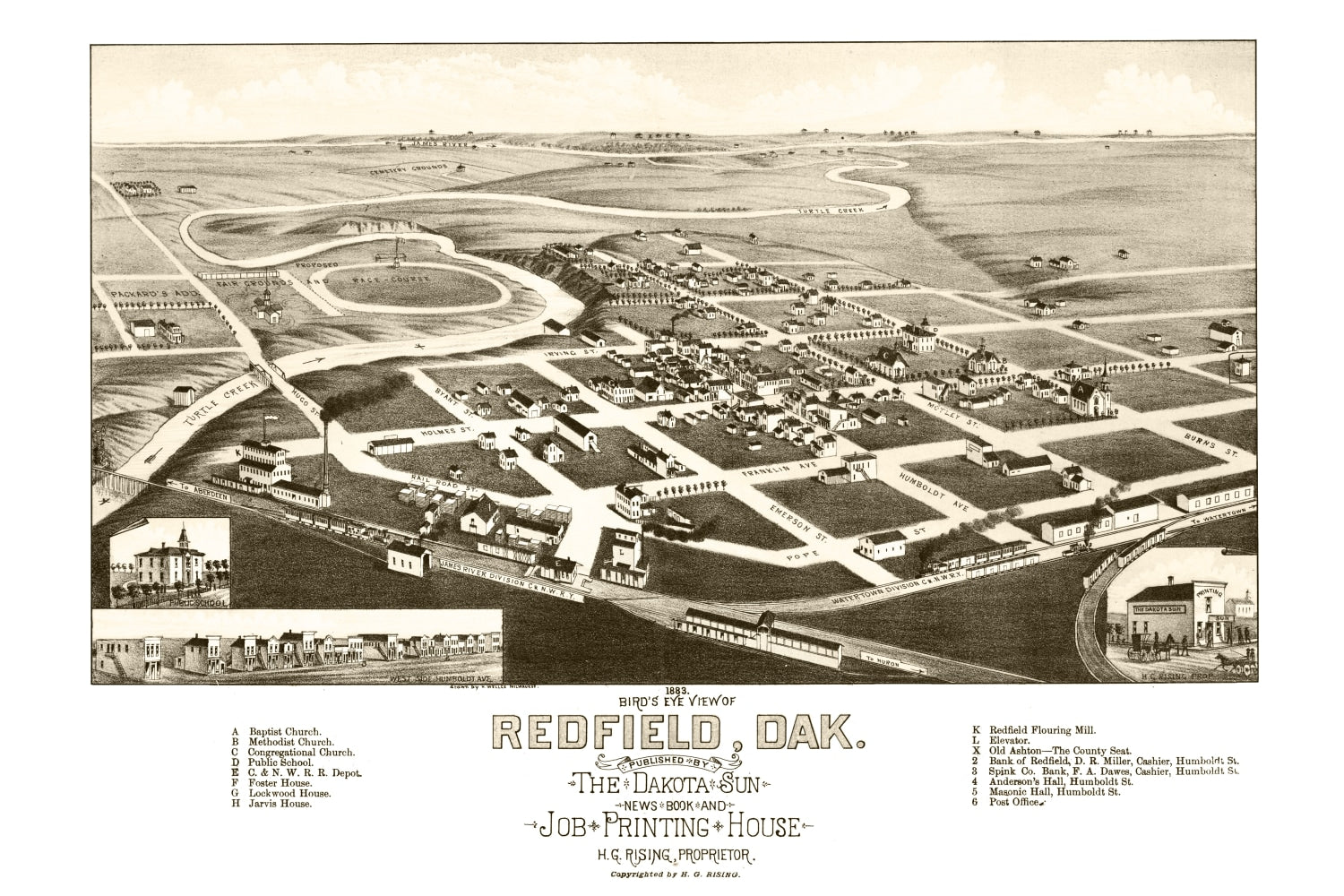 Vintage Map of Redfield, South Dakota 1883