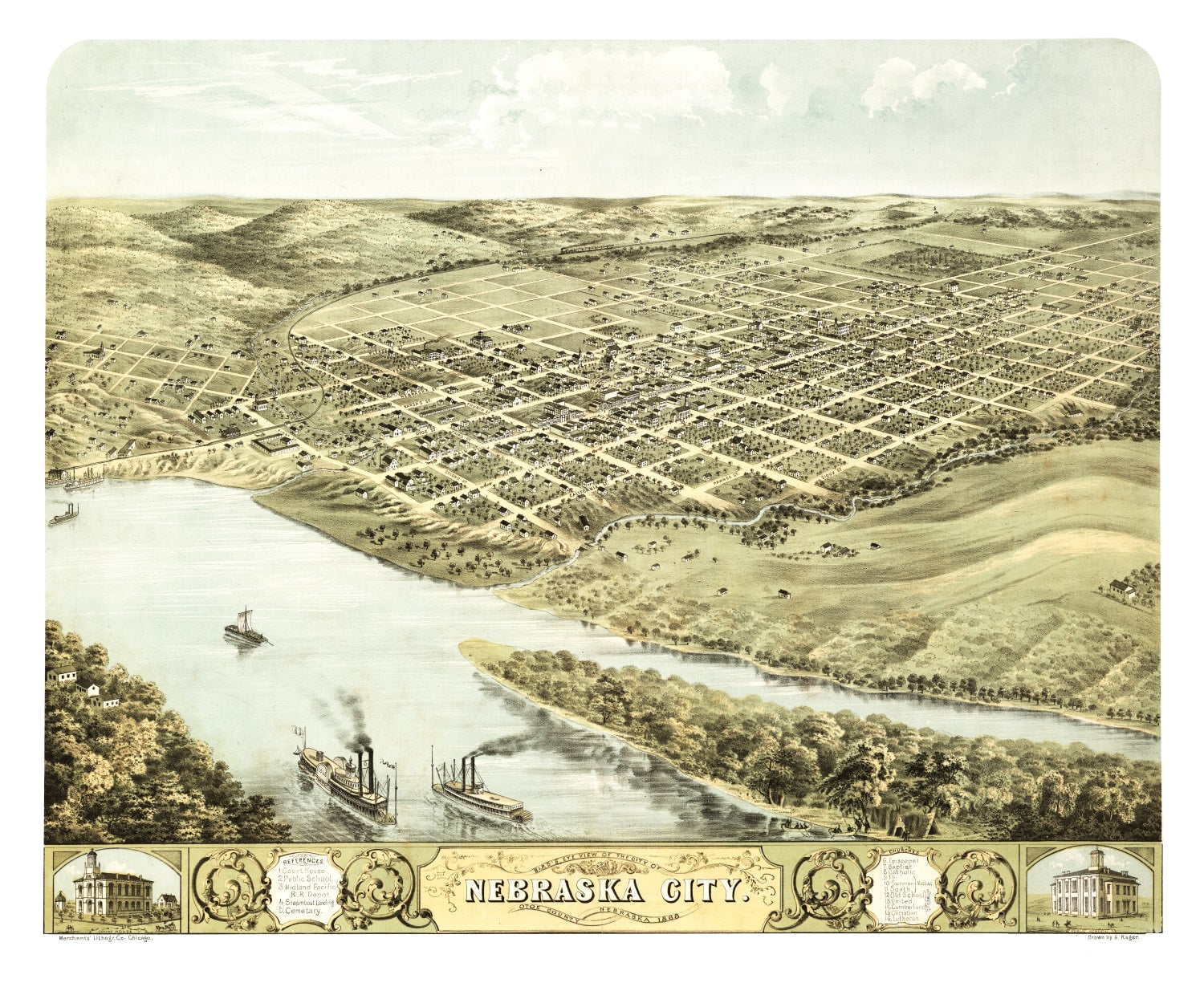 Vintage Map of Nebraska City, Nebraska 1868