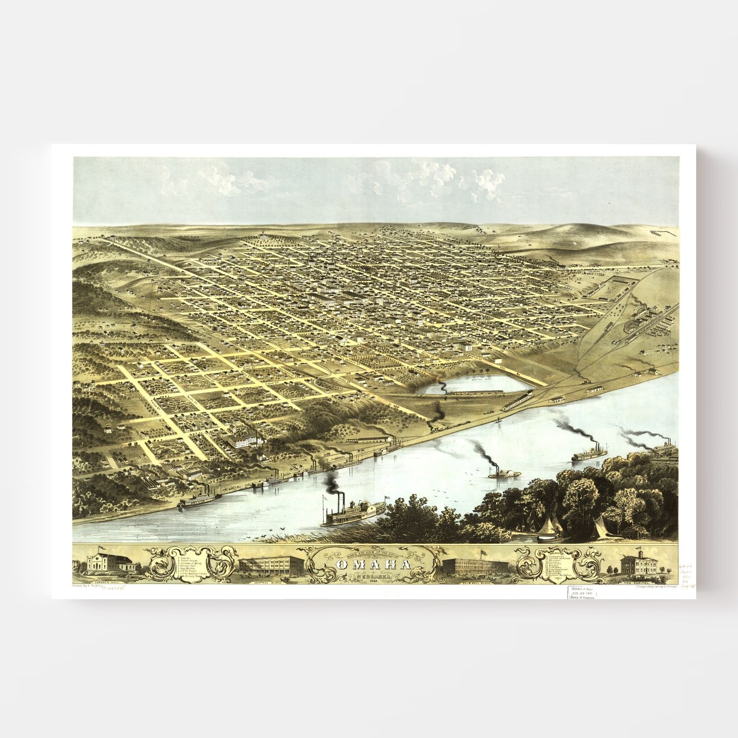 Vintage Map of Omaha, Nebraska 1868