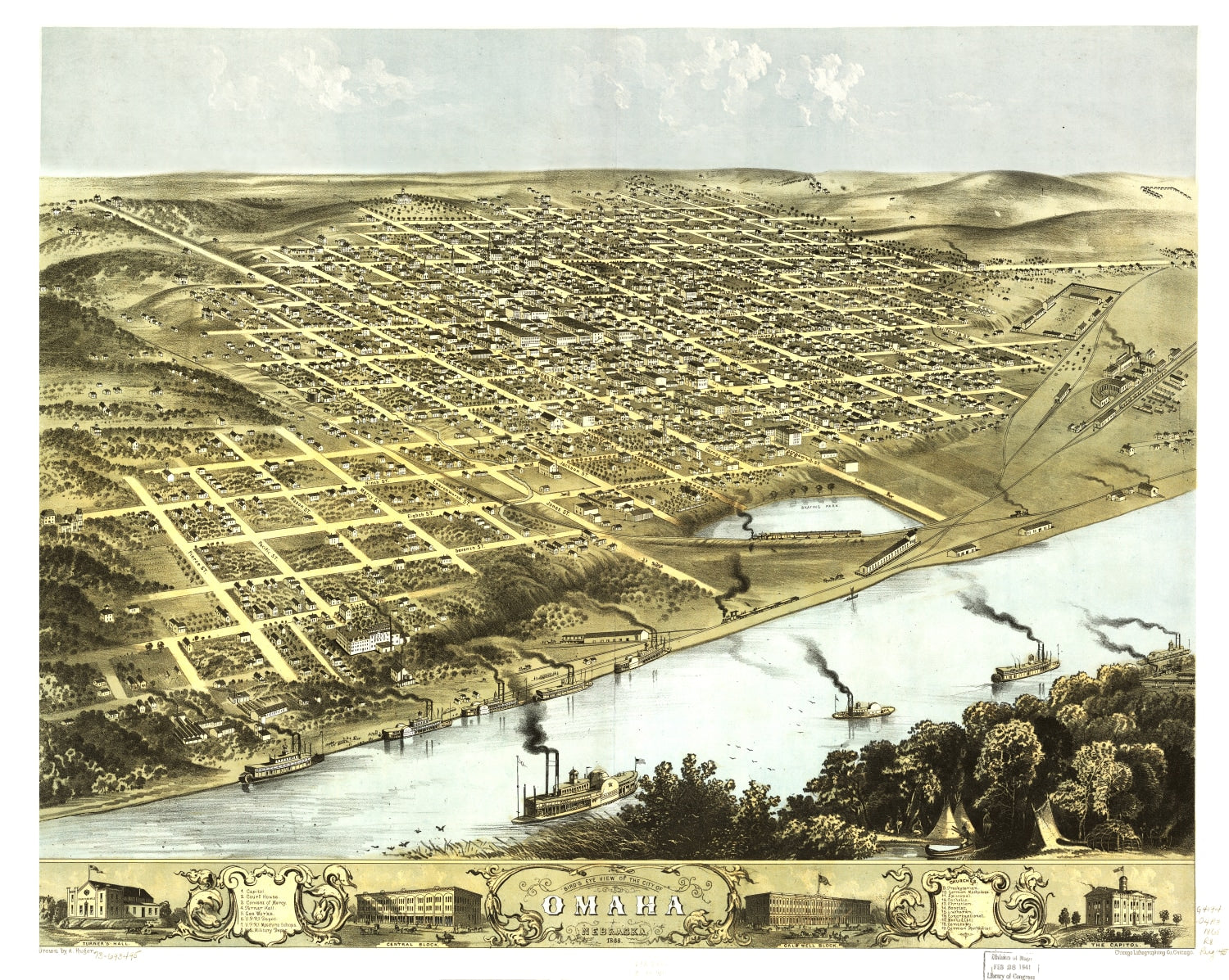 Vintage Map of Omaha, Nebraska 1868