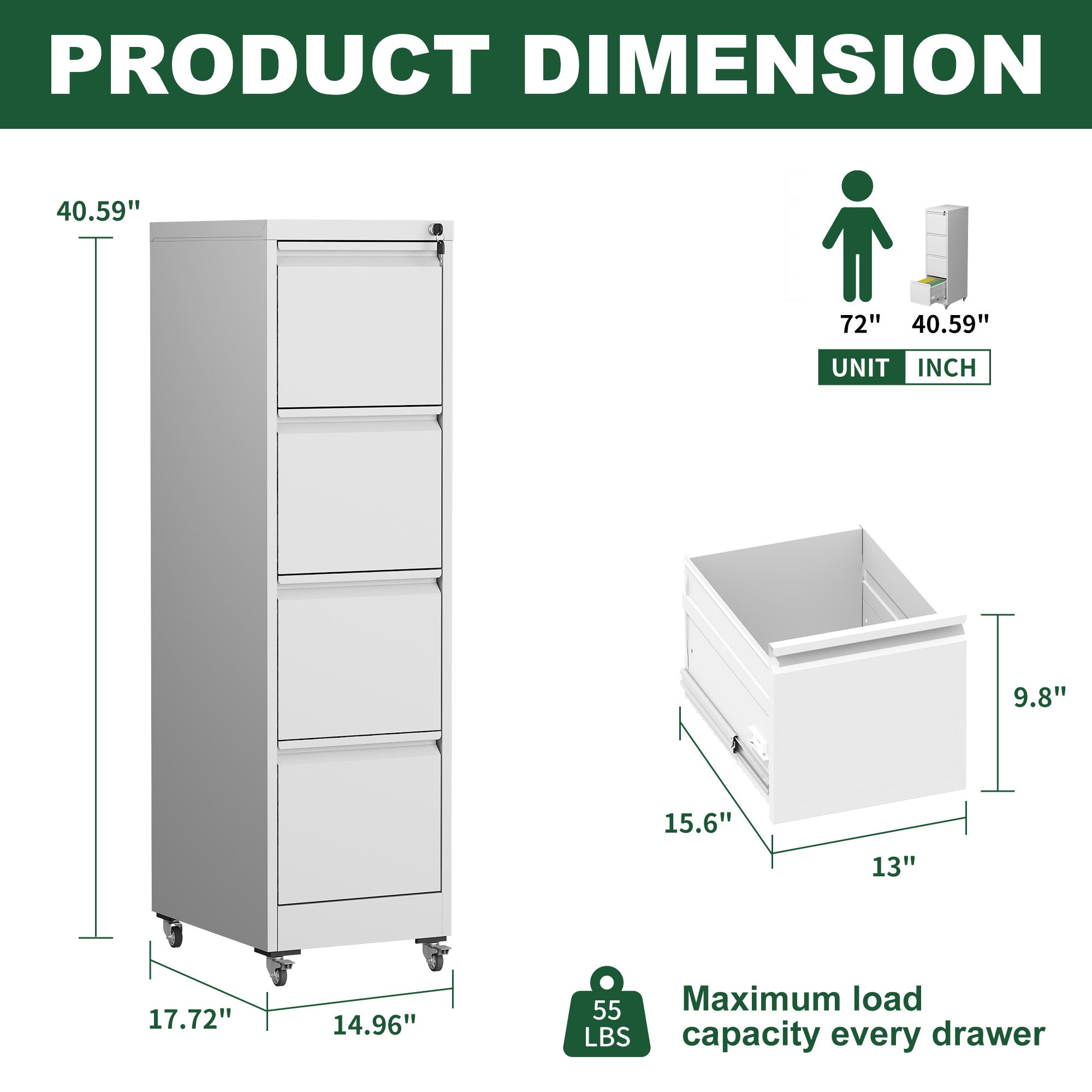 4 Drawer Metal Locking Vertical File Cabinet with Wheels - Heavy-Duty Lockable Storage for Home & Office, Black and White, 17.71'D x 15.16'W x 52.28'H