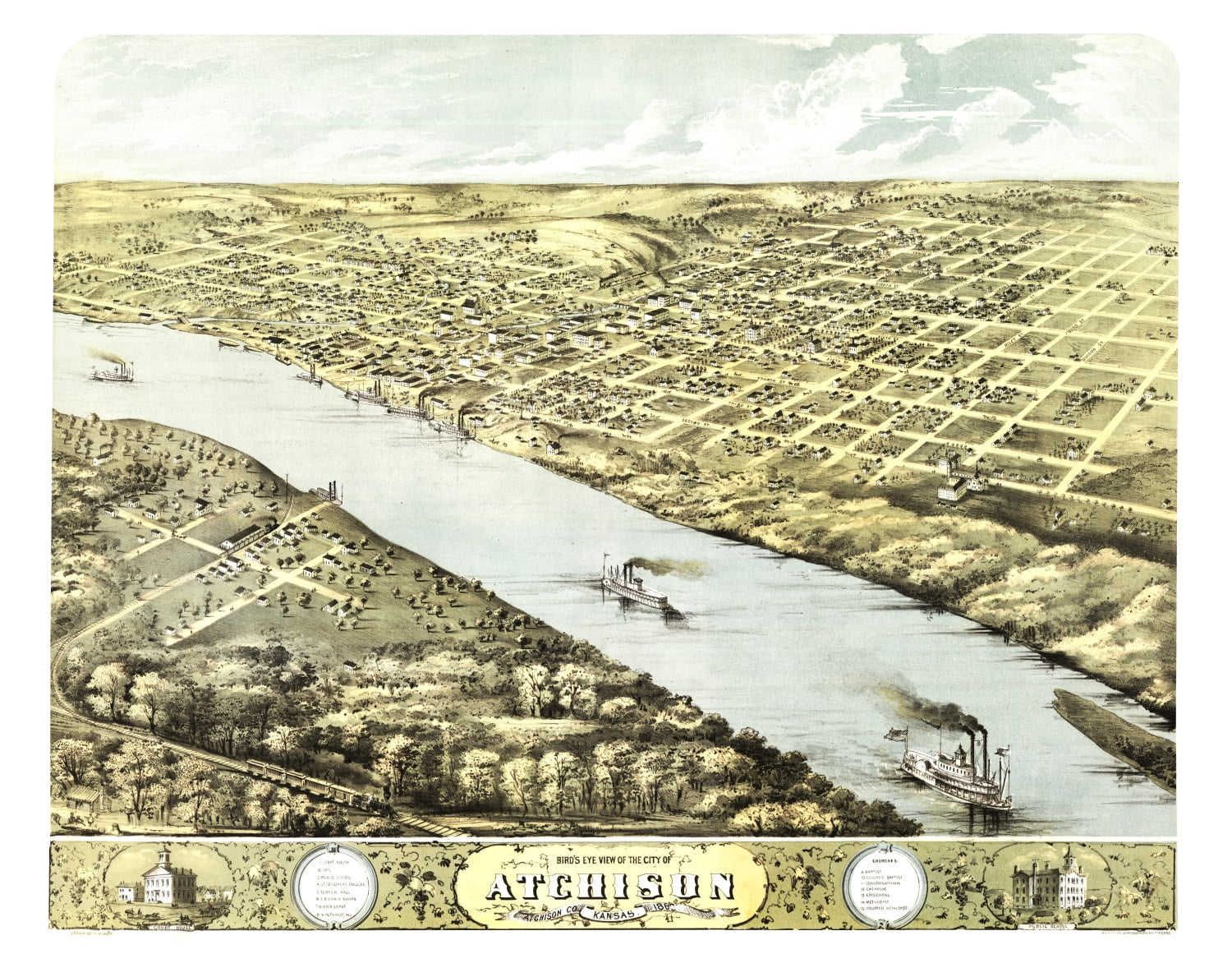 Vintage Map of Atchison, Kansas 1869