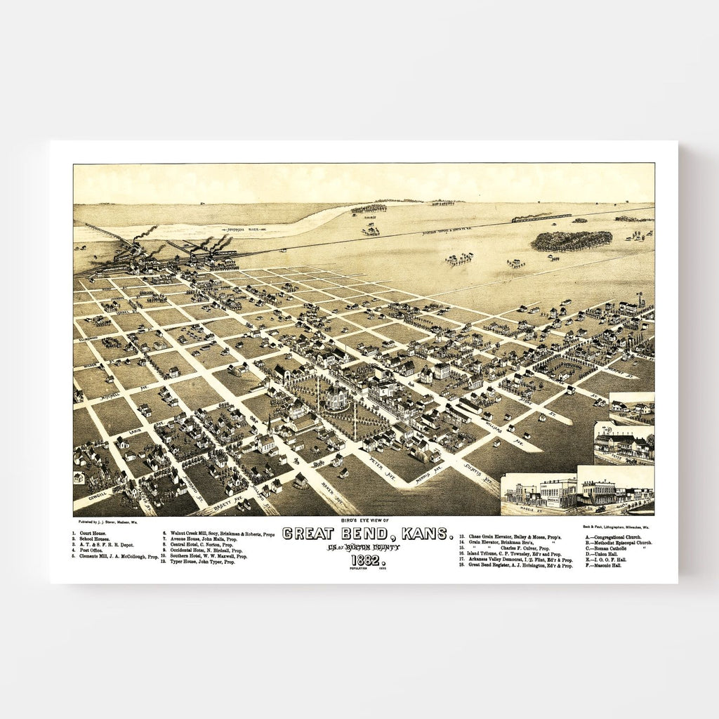 Vintage Map of Great Bend, Kansas 1882