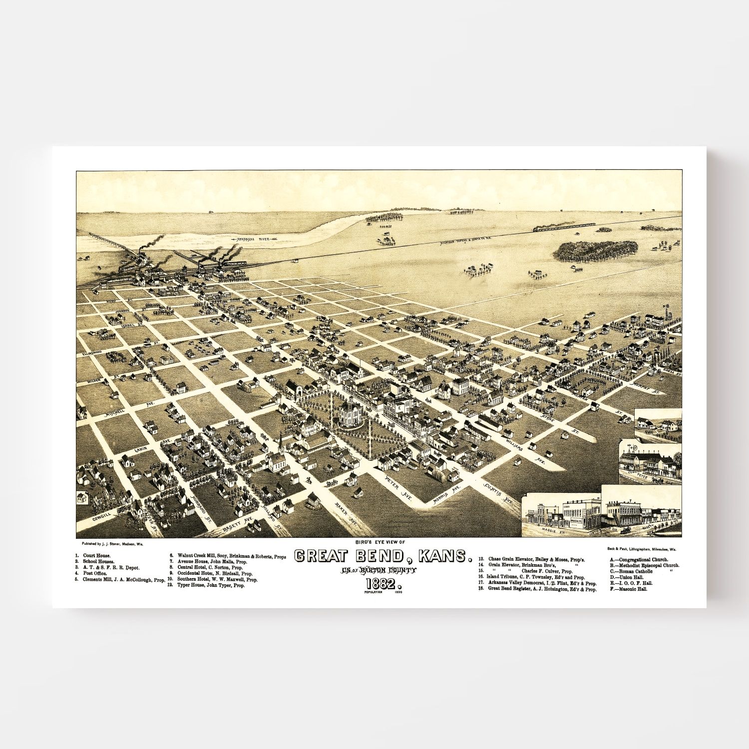 Vintage Map of Great Bend, Kansas 1882
