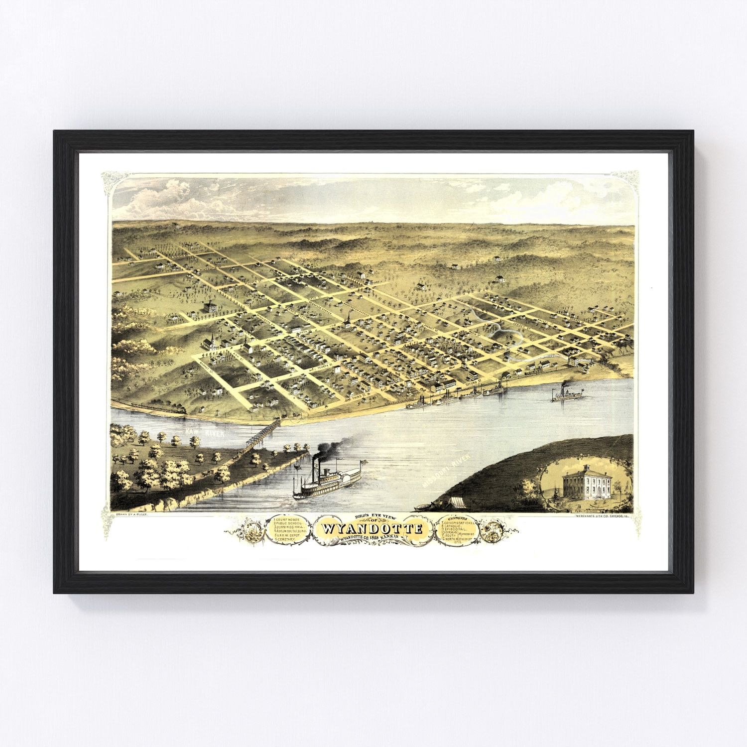 Vintage Map of Wyandotte, Kansas 1869