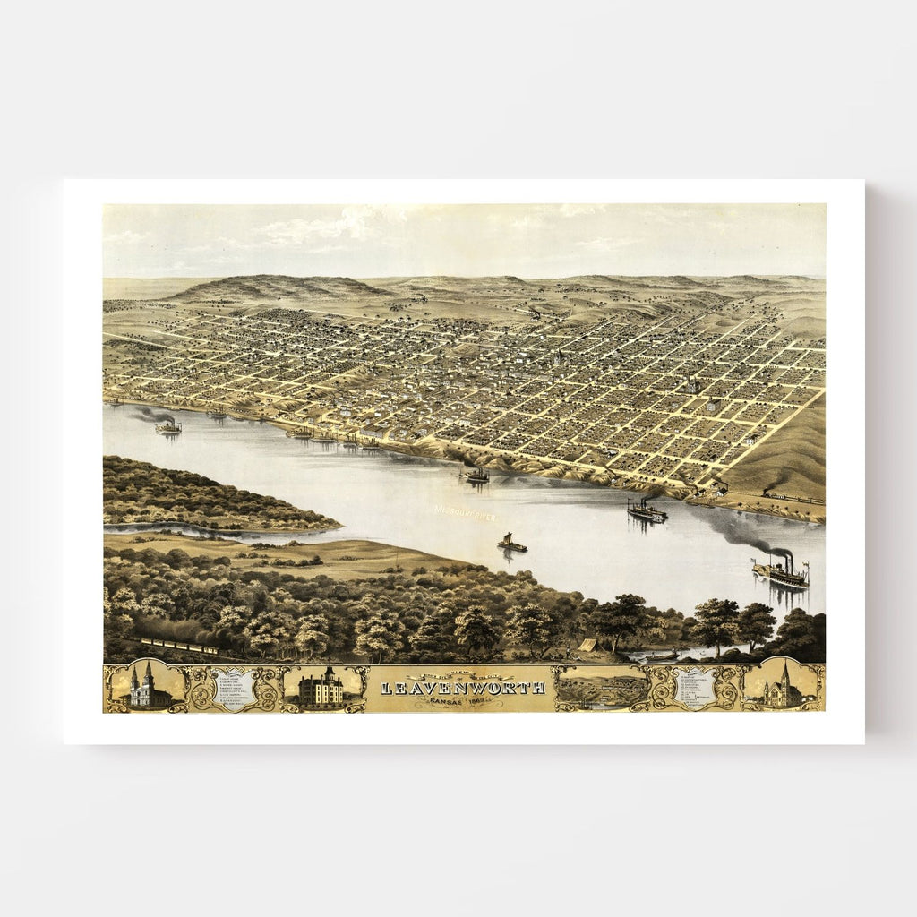 Vintage Map of Leavenworth, Kansas 1869