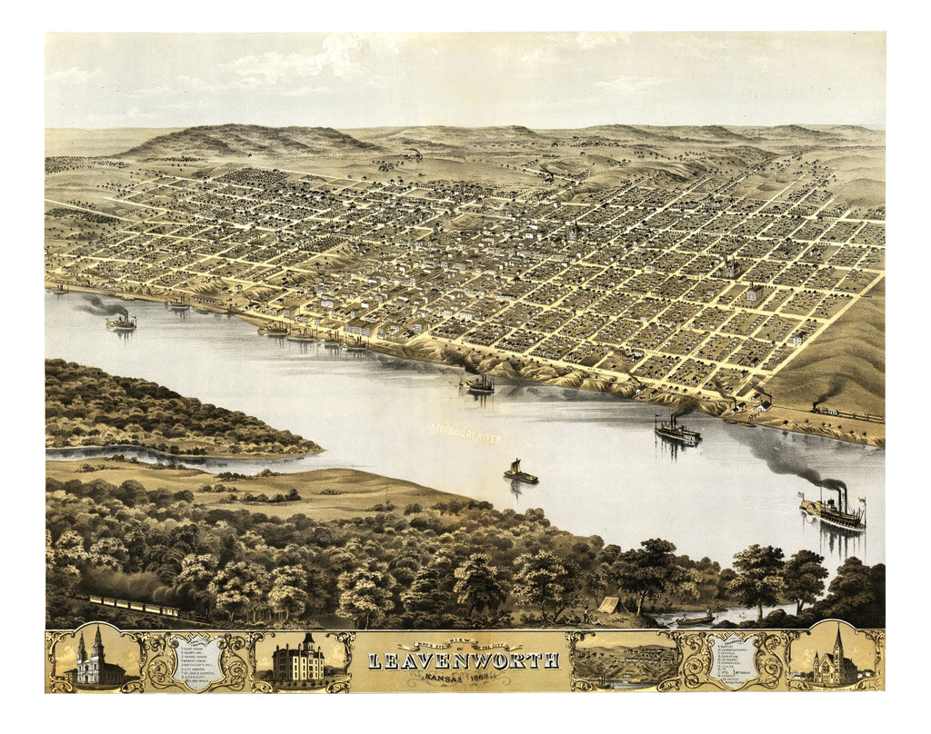 Vintage Map of Leavenworth, Kansas 1869