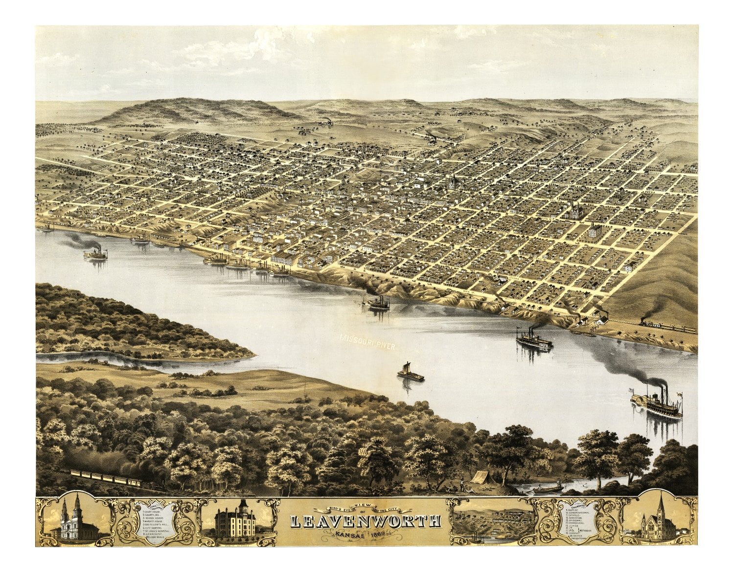Vintage Map of Leavenworth, Kansas 1869