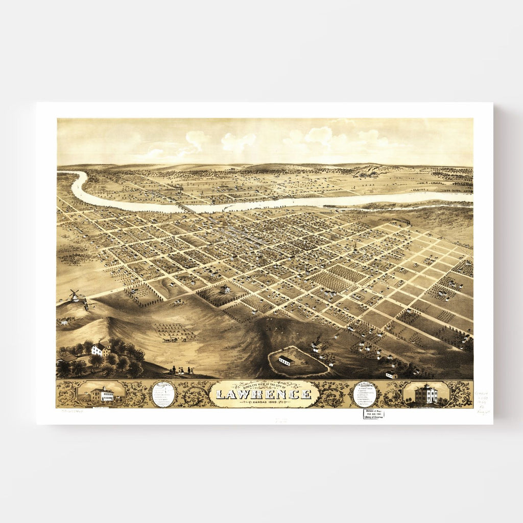 Vintage Map of Lawrence, Kansas 1869