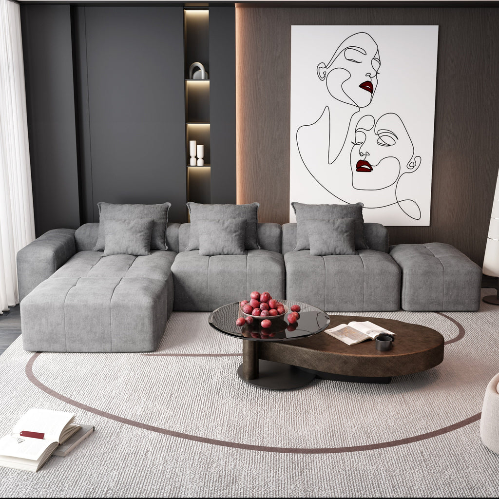Modern Oversized Modular Sectional Sofa,Sparkling Chenille Fabric Soft Cushion Sofa with 6 Pillows,6 PCS DIY Combination Tufted Sofa,No Assembly Required,GREY