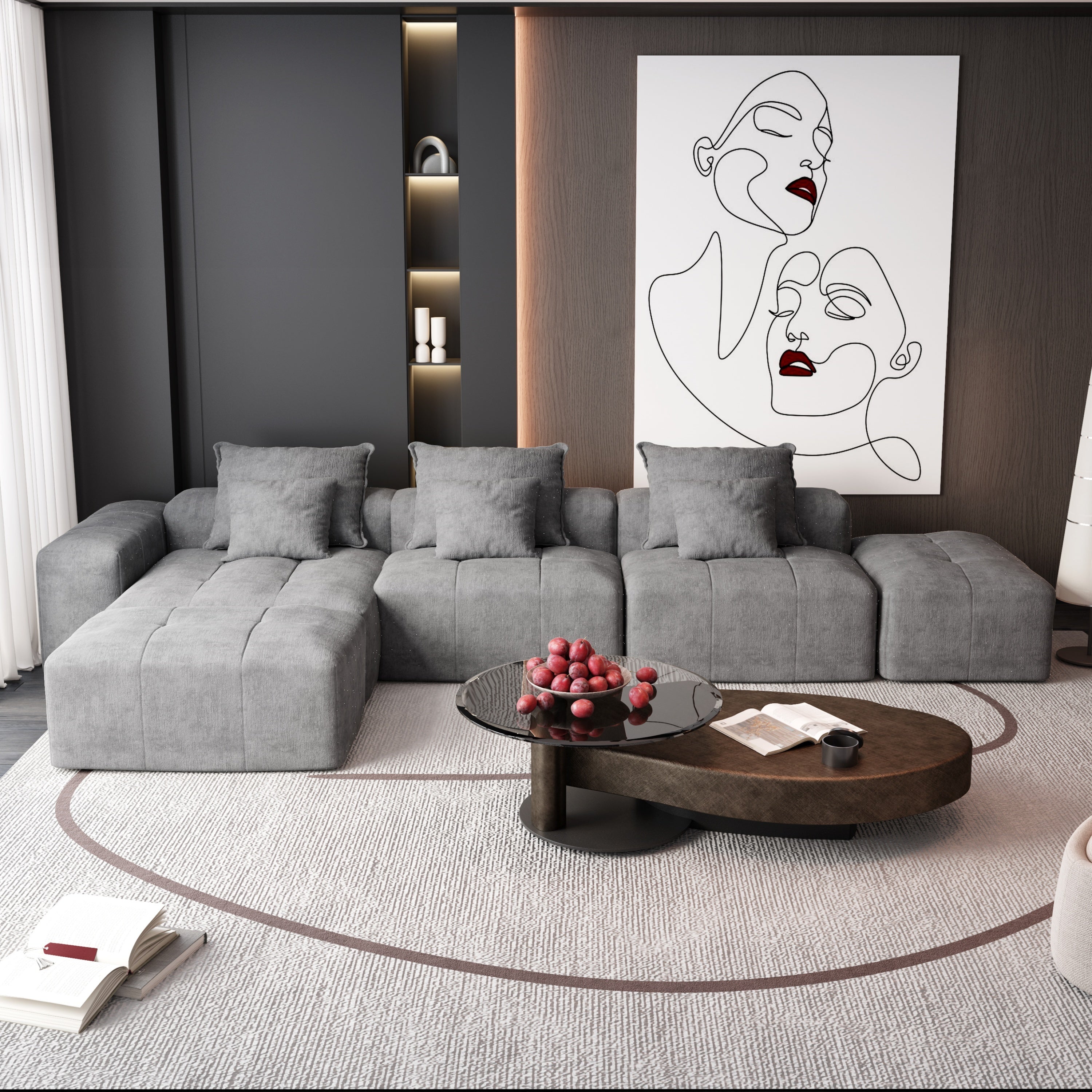 Modern Oversized Modular Sectional Sofa,Sparkling Chenille Fabric Soft Cushion Sofa with 6 Pillows,6 PCS DIY Combination Tufted Sofa,No Assembly Required,GREY