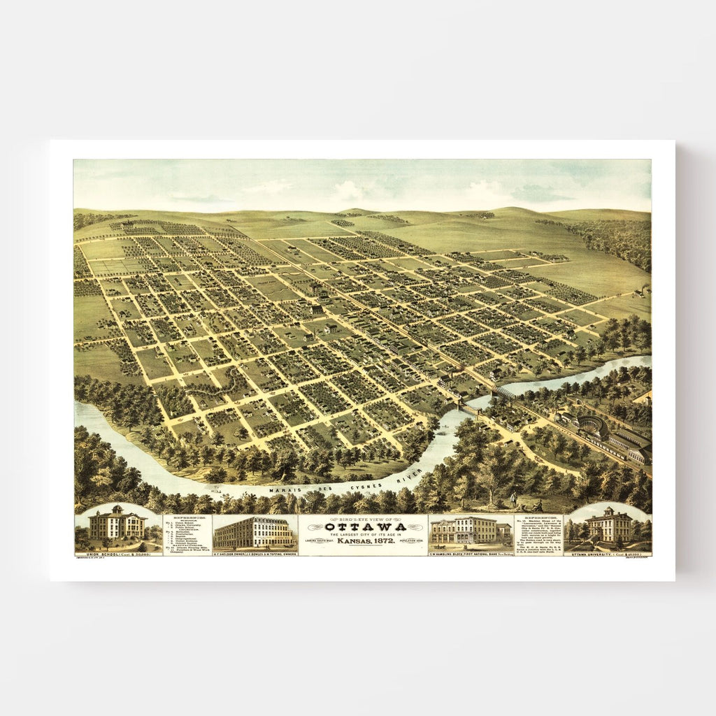 Vintage Map of Ottawa, Kansas 1872