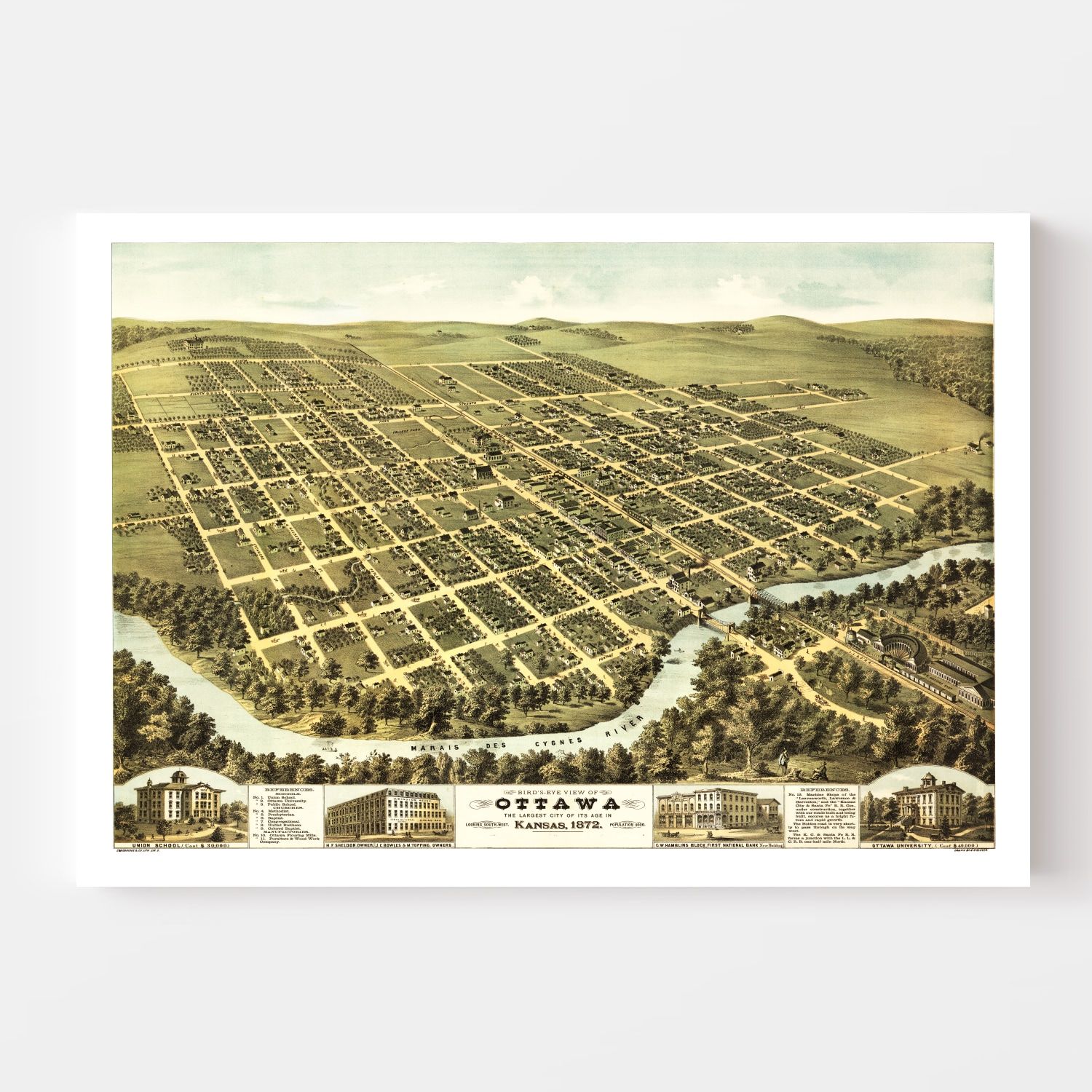 Vintage Map of Ottawa, Kansas 1872