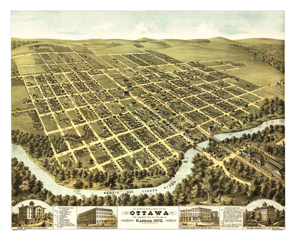 Vintage Map of Ottawa, Kansas 1872