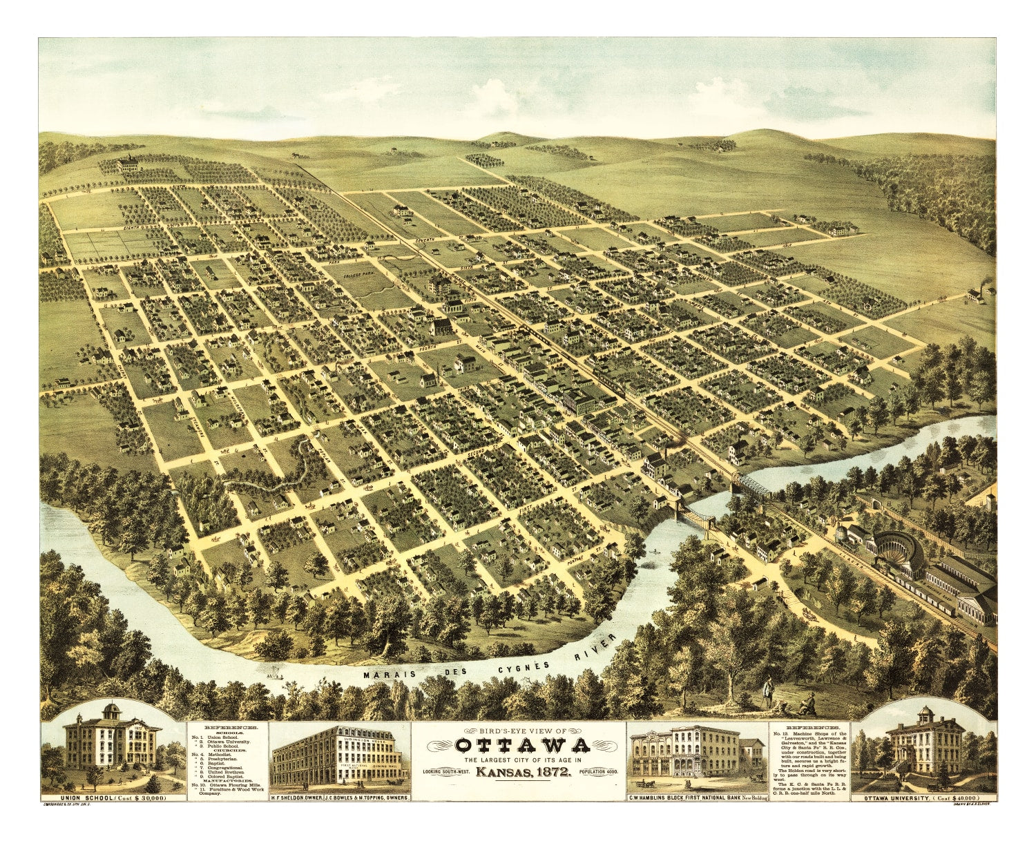 Vintage Map of Ottawa, Kansas 1872