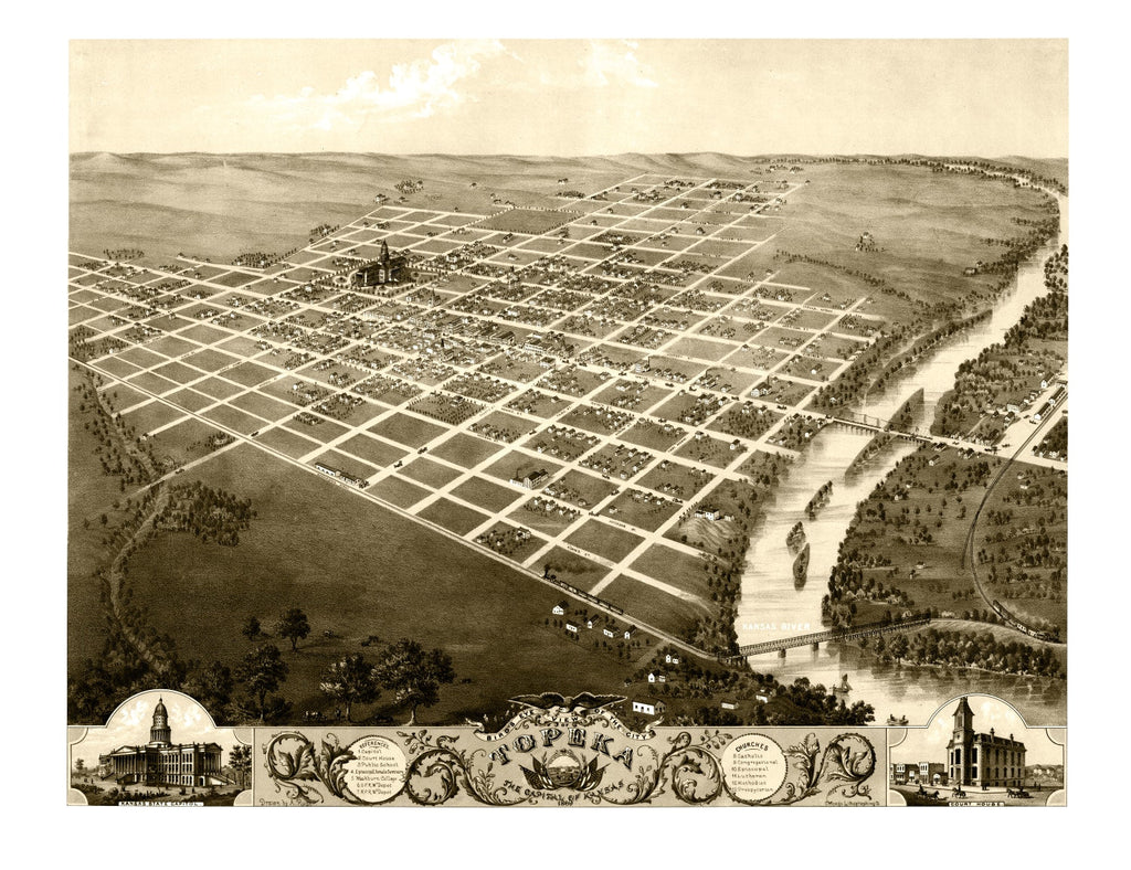 Vintage Map of Topeka, Kansas 1869