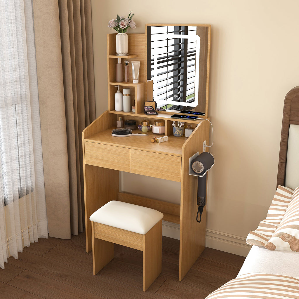 Modern Wood Vanity Table with LED Mirror, Power Outlet, Hairdryer Holder & Padded Stool – Compact Dressing Desk for Small Bedrooms