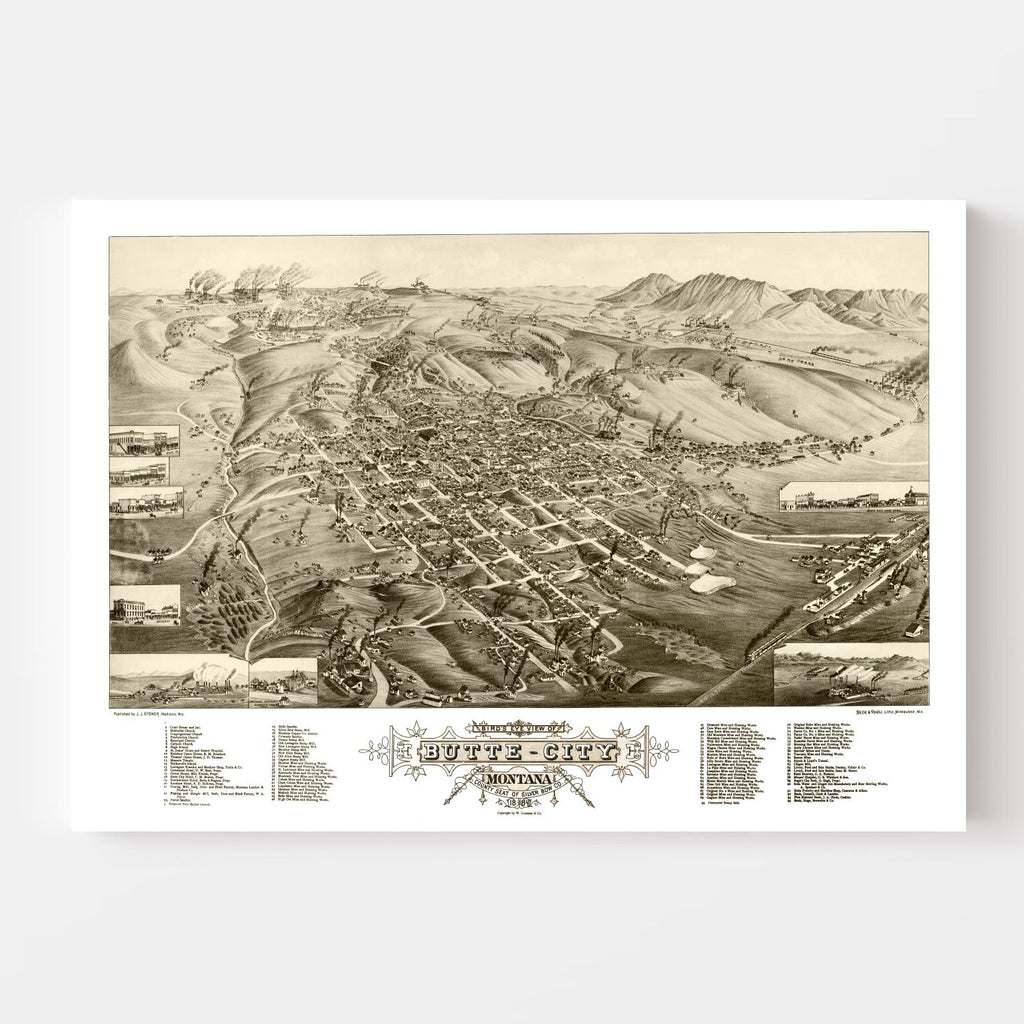 Vintage Map of Butte City, Montana 1884
