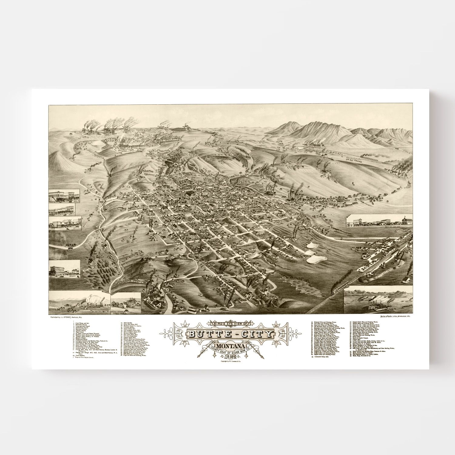 Vintage Map of Butte City, Montana 1884