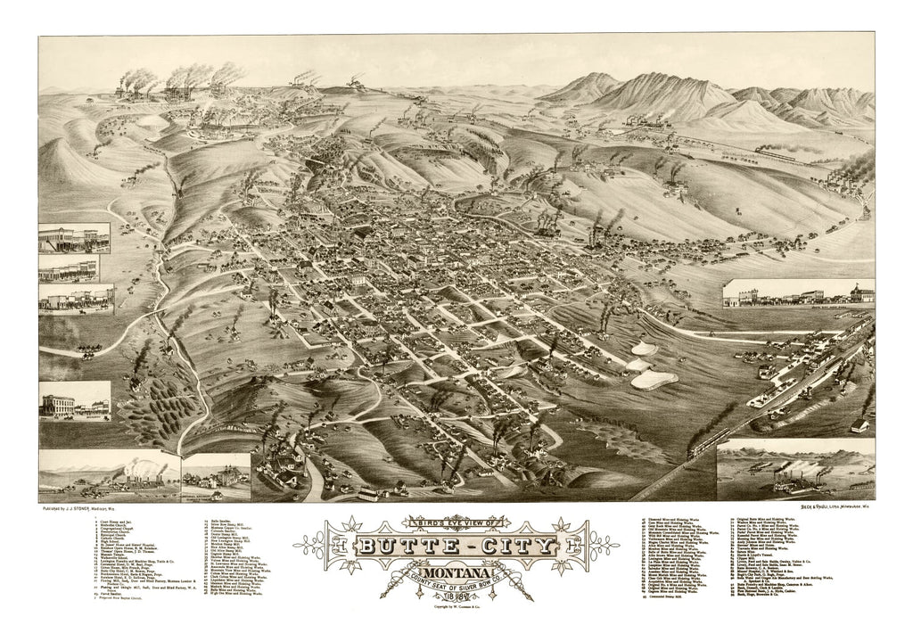 Vintage Map of Butte City, Montana 1884