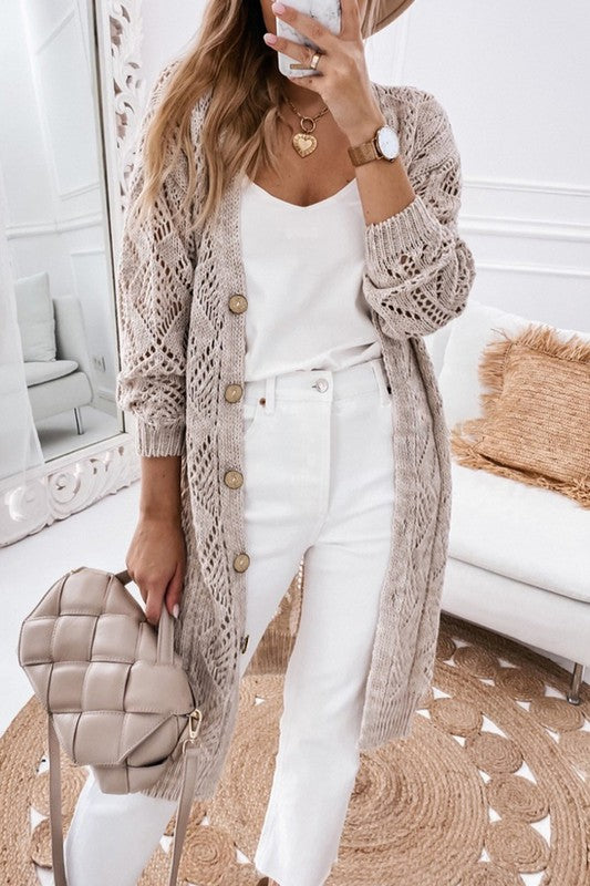 Eyelet Cardigan with Buttons Cream Black Pink Cotton Knit