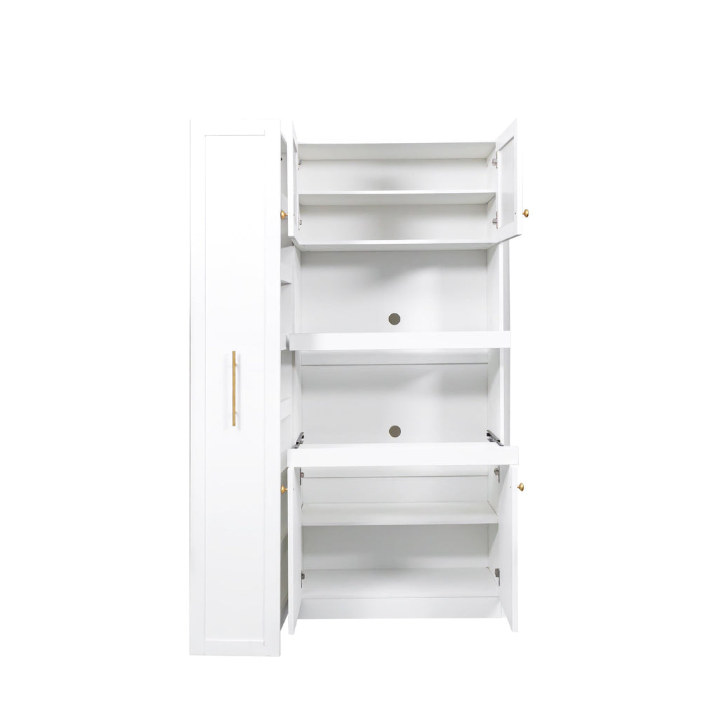 Kitchen pantry cabinet with multi-functional pull-out multi-tier storage shelf,Farmhouse Storage Cabinet with 4 Doors,Pantry Organizers for Kitchen,Dining Room(White)