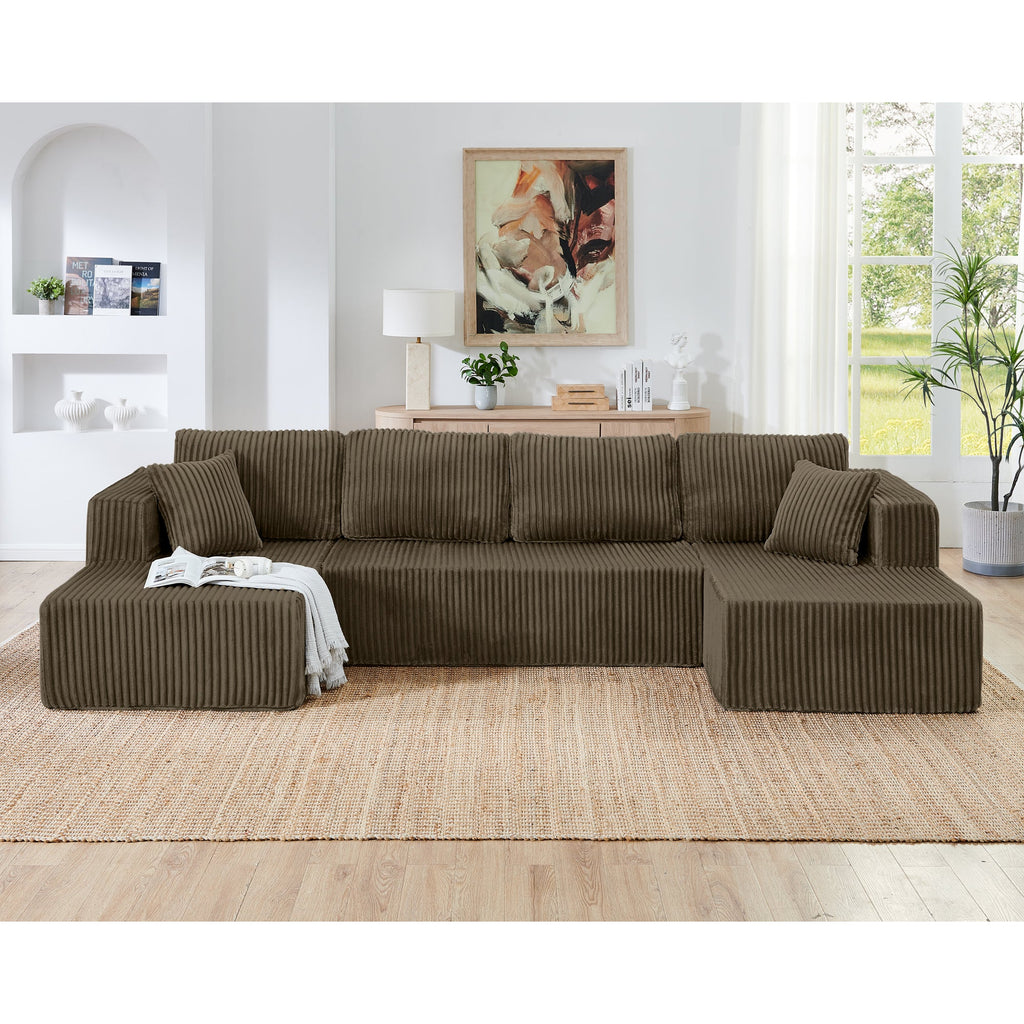 Modern Minimalist U Shape Modular Sectional Sofa, Sleeper Sofa in Corduroy, Brown