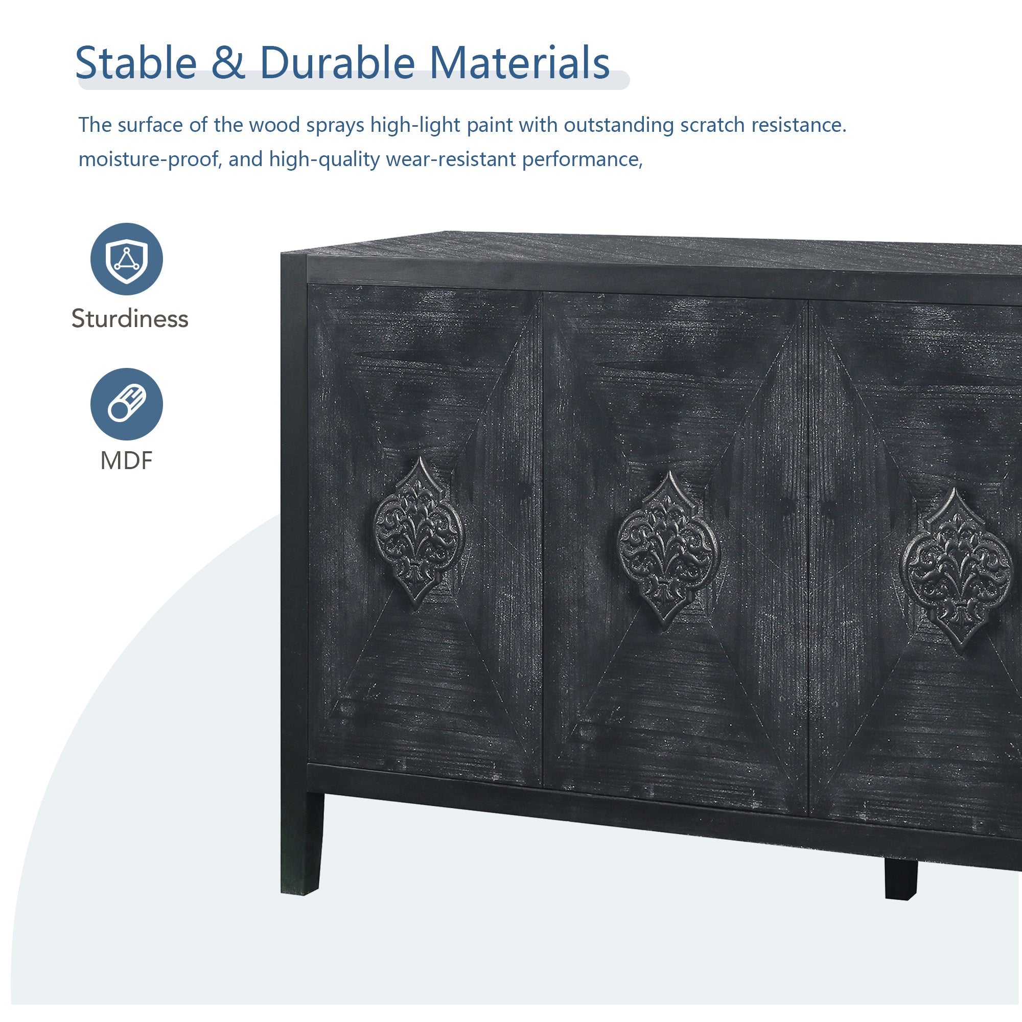 Carved Flower Door Handle, Antique Four Door Cabinet for Living Room Kitchen Hallway (Black)