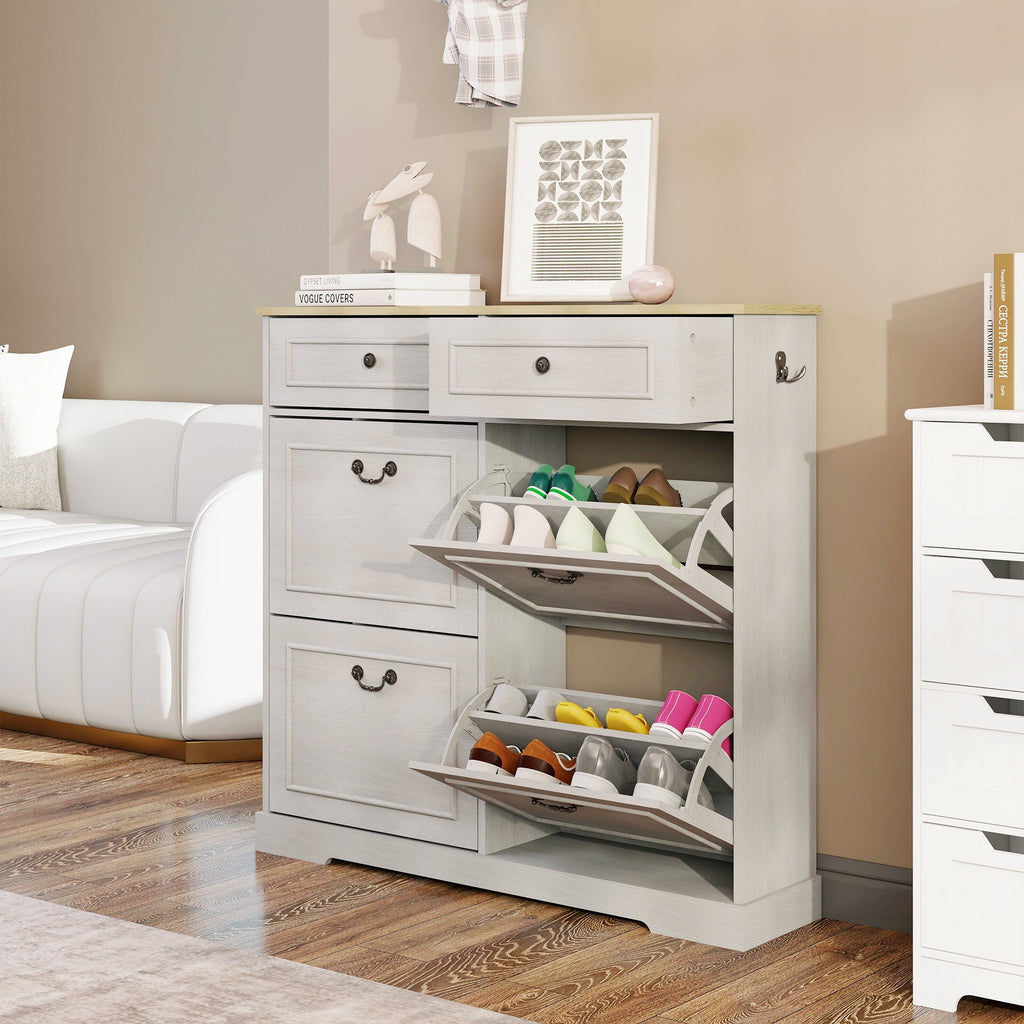 Shoe Storage Cabinet with 2 Drawers, 4 Flip Drawers, Freestanding Shoe Cabinet Organizer with Adjustable Shelf, Shoe Cabinet for Entryway, Foyer, Slim Shoe Cabinet-Antique White