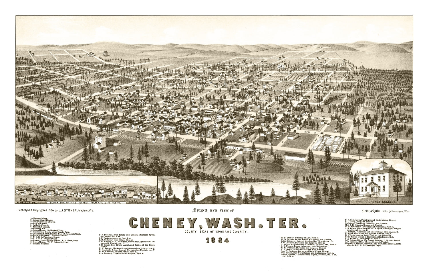 Vintage Map of Cheney, Washington 1884