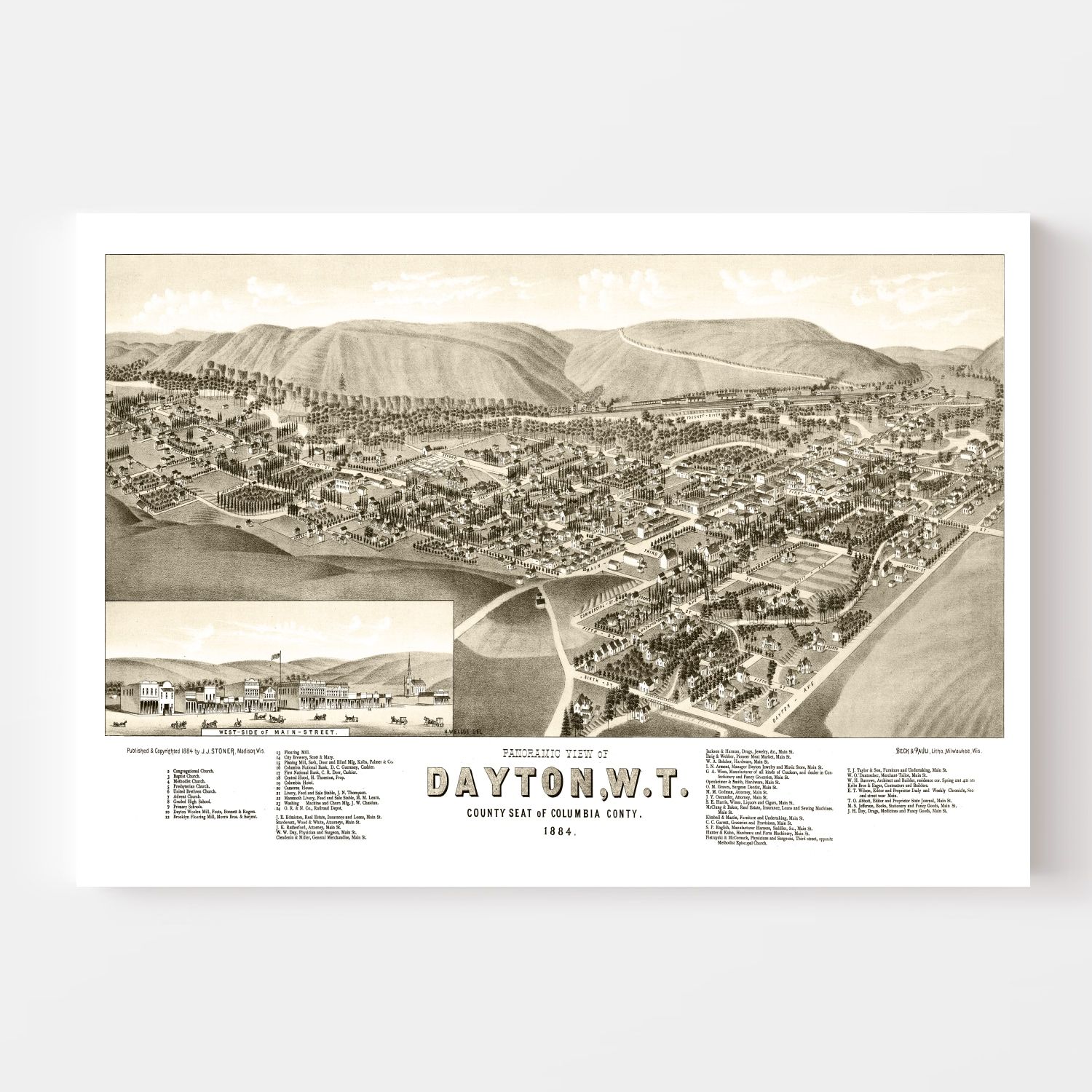 Vintage Map of Dayton, Washington 1884