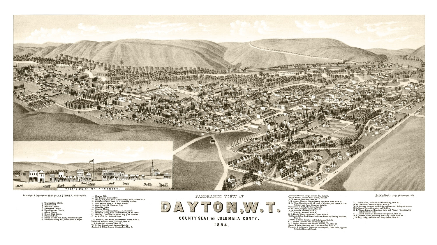 Vintage Map of Dayton, Washington 1884