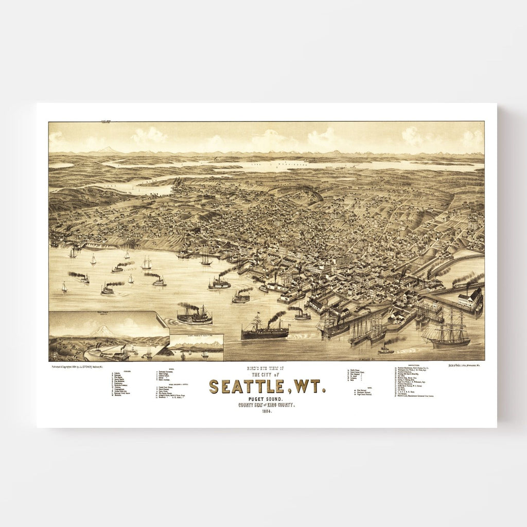 Vintage Map of Seattle, Washington 1884