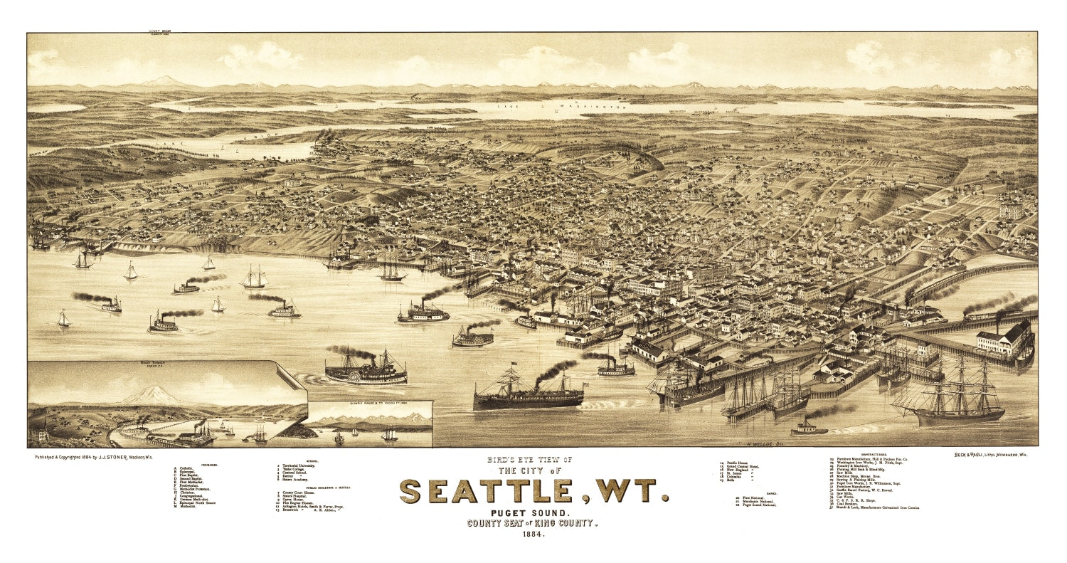 Vintage Map of Seattle, Washington 1884