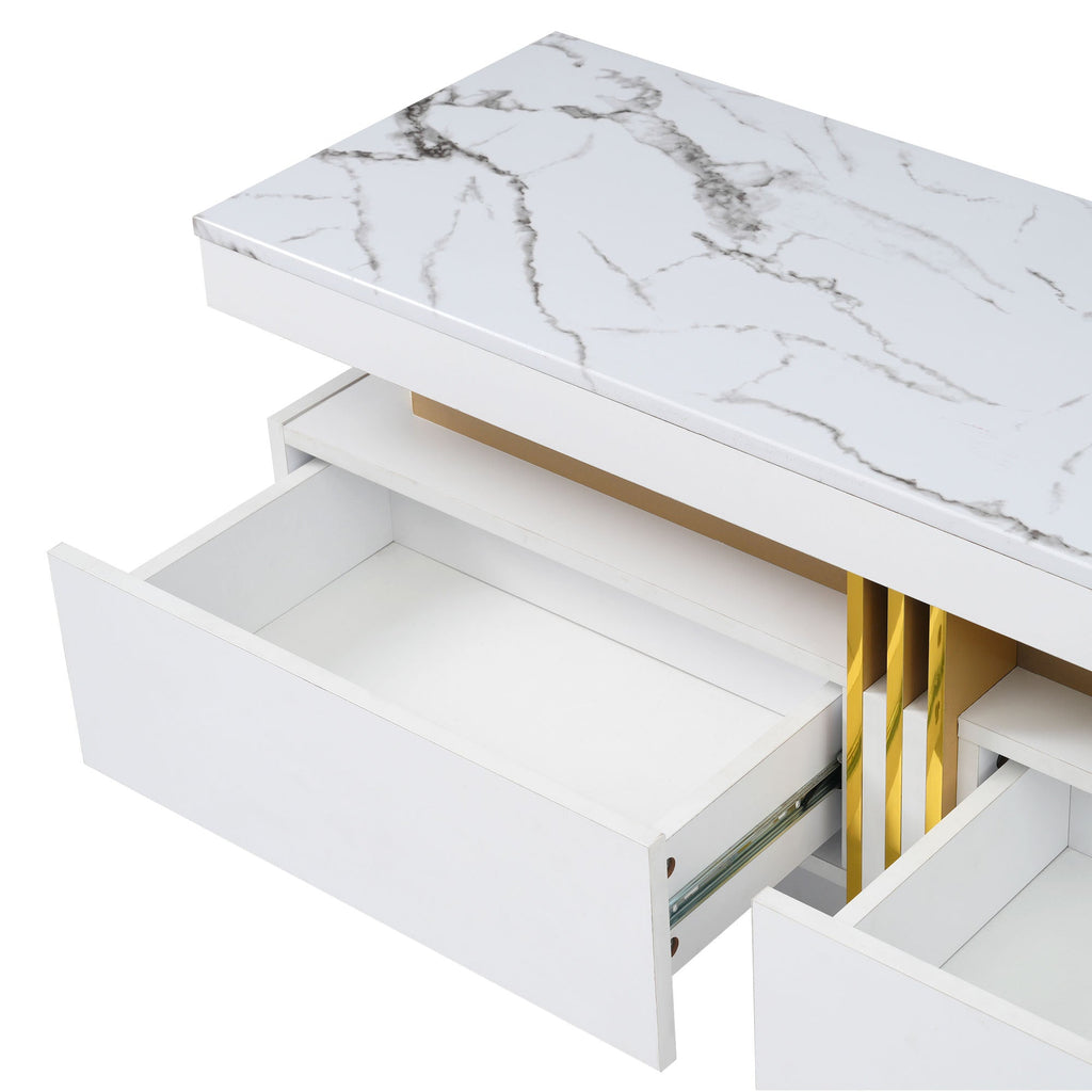 ON-TREND Luxury TV Stand with High Gloss Faux Marble Top for TVs Up to 78'', Rectangle Media Console with Golden Panel Design, Practical Entertainment Center with 3 Drawers for Living Room, White