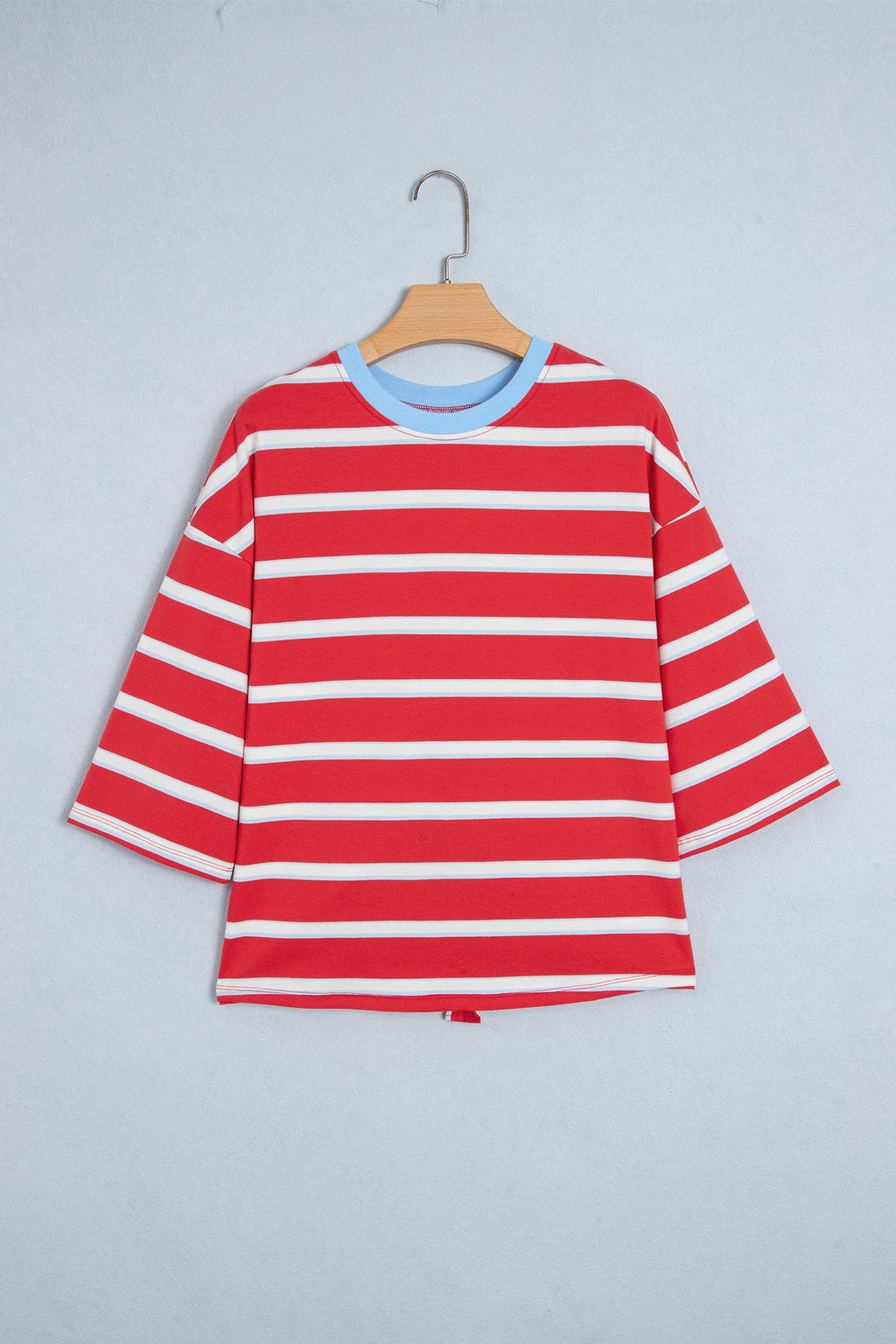 Stripe Bow Tie Hollow Back 3/4 Sleeve T-Shirt
