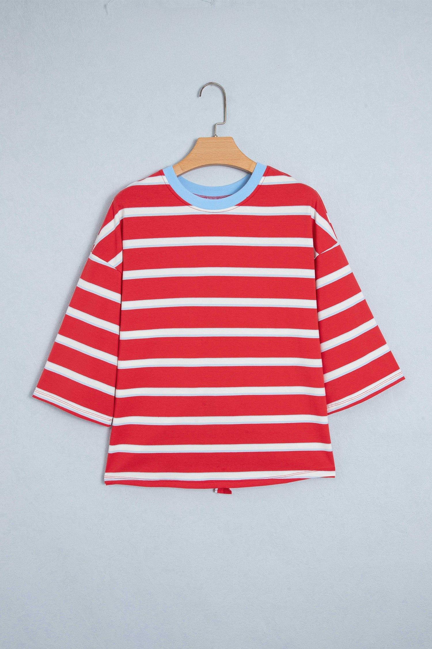 Stripe Bow Tie Hollow Back 3/4 Sleeve T-Shirt