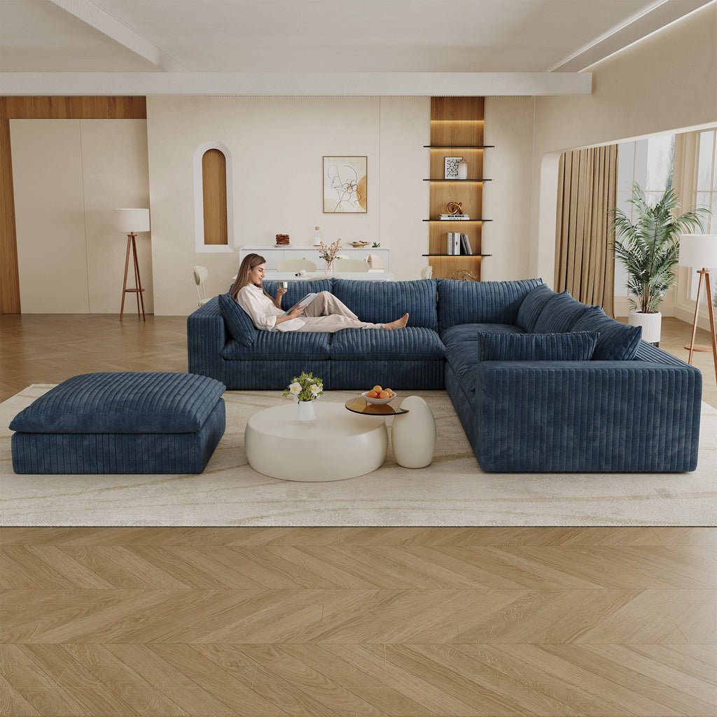 118.2' Cloud Sofa,Corduroy Fabric,Deep Seat Couches,Double-layer design,Removable Cushion,No Assembly, DIY Combination for Living room, Bedroom,Conference room ,Apartment,Blue